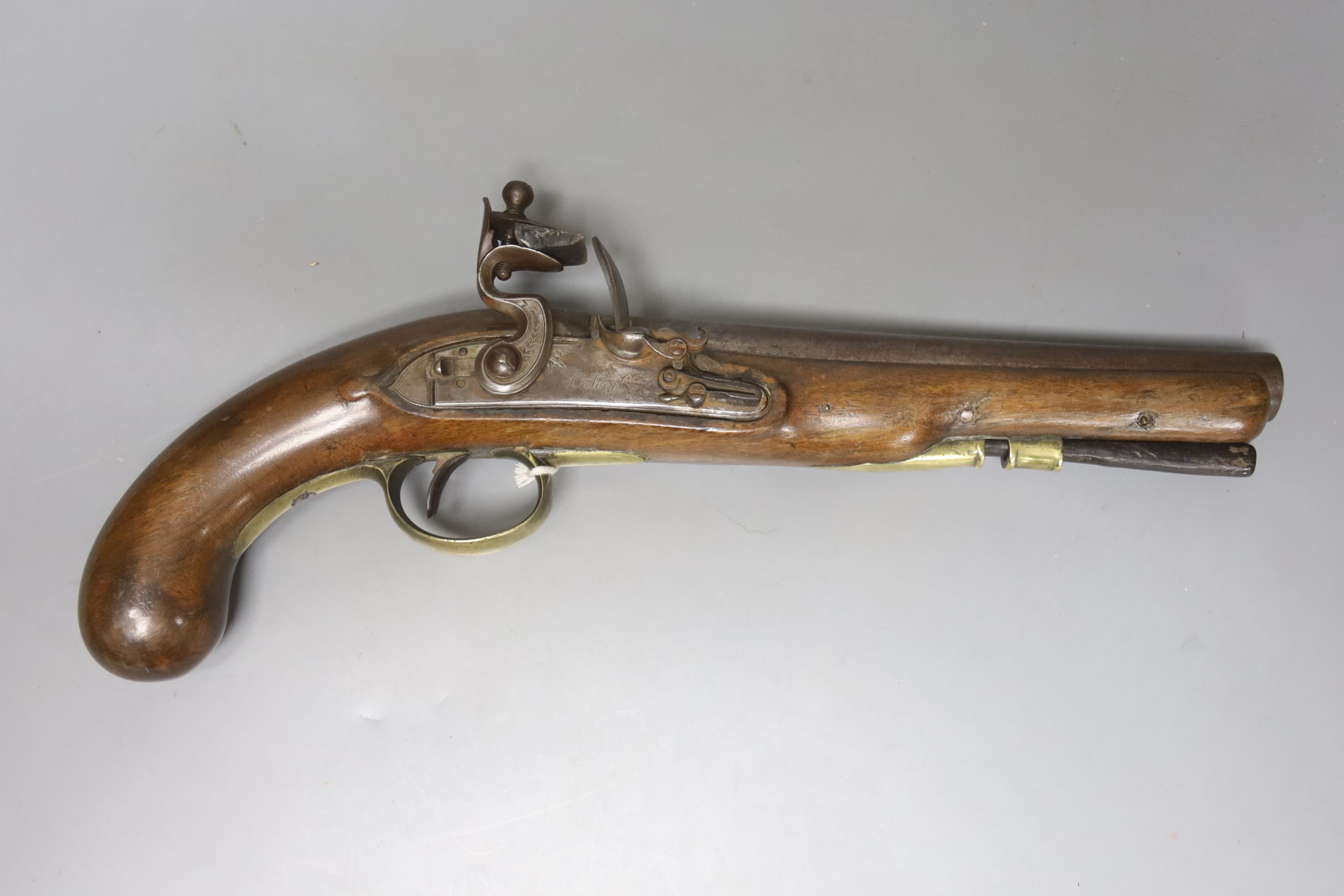 A flintlock coach pistol, circa 1820 by John and William Calvetrt of Leeds, approx. 35cm long